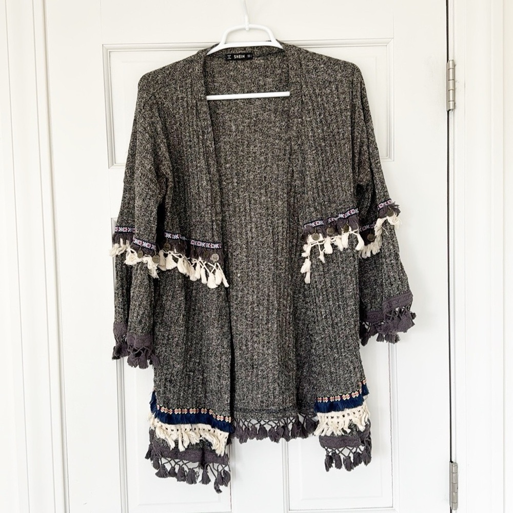 SHEIN cardigan size S grey blue tassels fringe open boho peasant